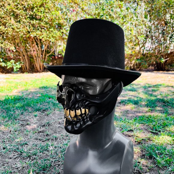 Black Steampunk Mouth Skull Mask with Gold Teeth & with Black TOP Hat Halloween - Picture 1 of 3